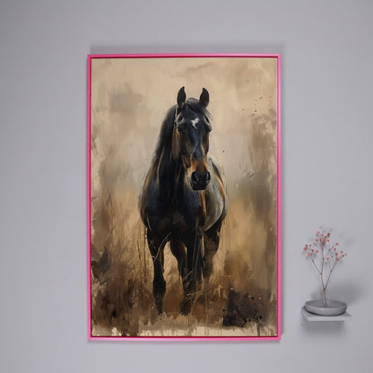 Enchanted Black Horse in Abstract Grass Canvas in pink floating frame