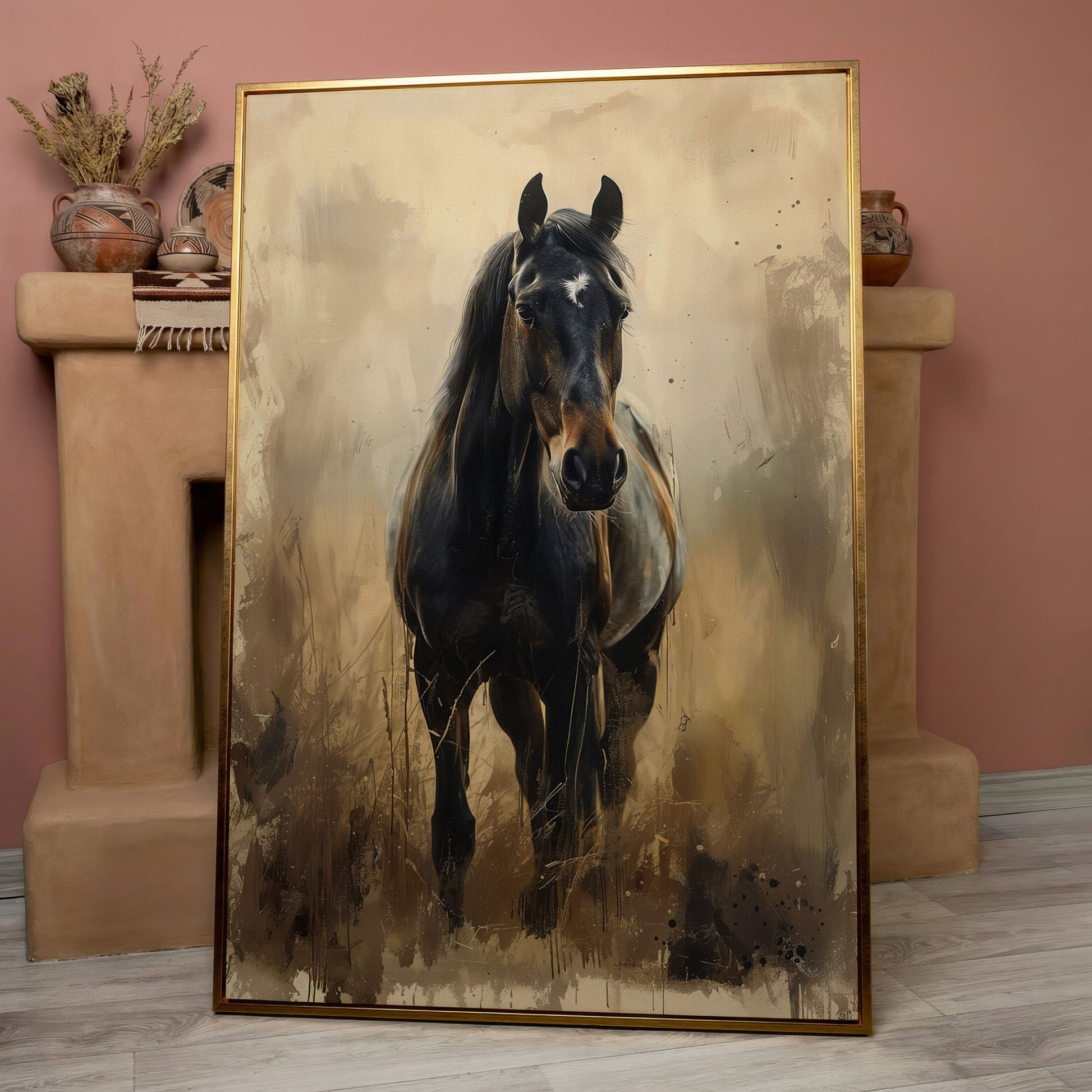 Enchanted Black Horse in Abstract Grass Canvas in rose gold floating frame