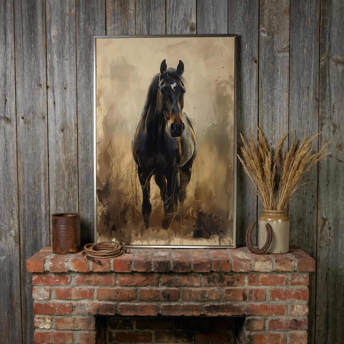 Enchanted Black Horse in Abstract Grass Canvas in silver floating frame