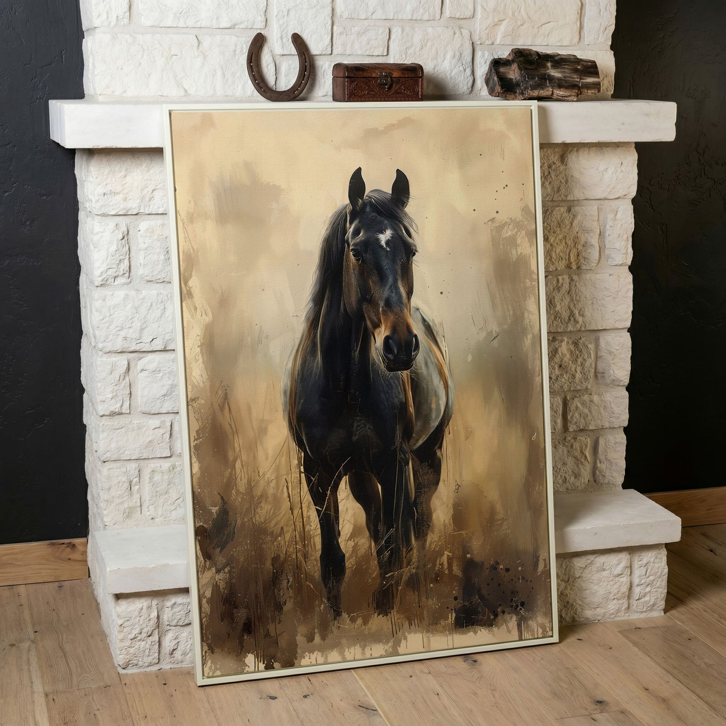 Enchanted Black Horse in Abstract Grass Canvas in white floating frame