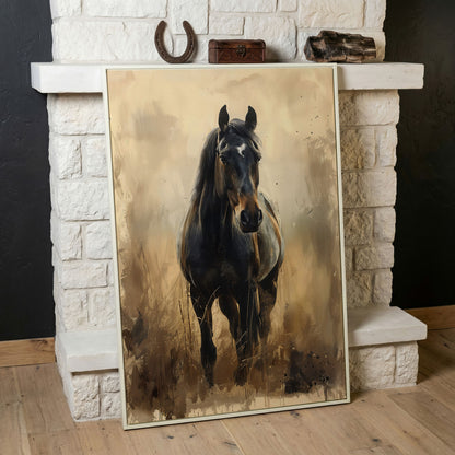 Enchanted Black Horse in Abstract Grass Canvas in white floating frame
