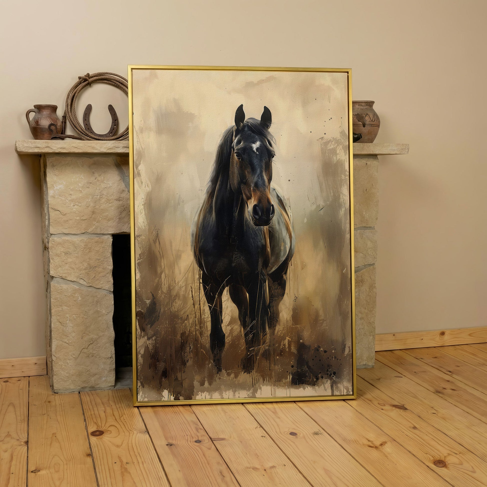 Enchanted Black Horse in Abstract Grass Canvas in yellow gold floating frame
