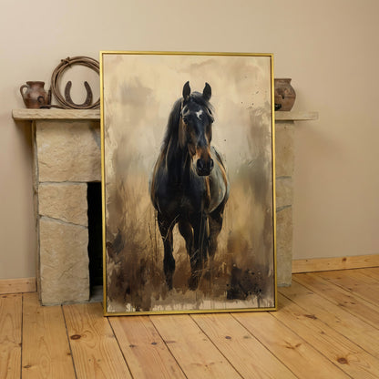 Enchanted Black Horse in Abstract Grass Canvas in yellow gold floating frame