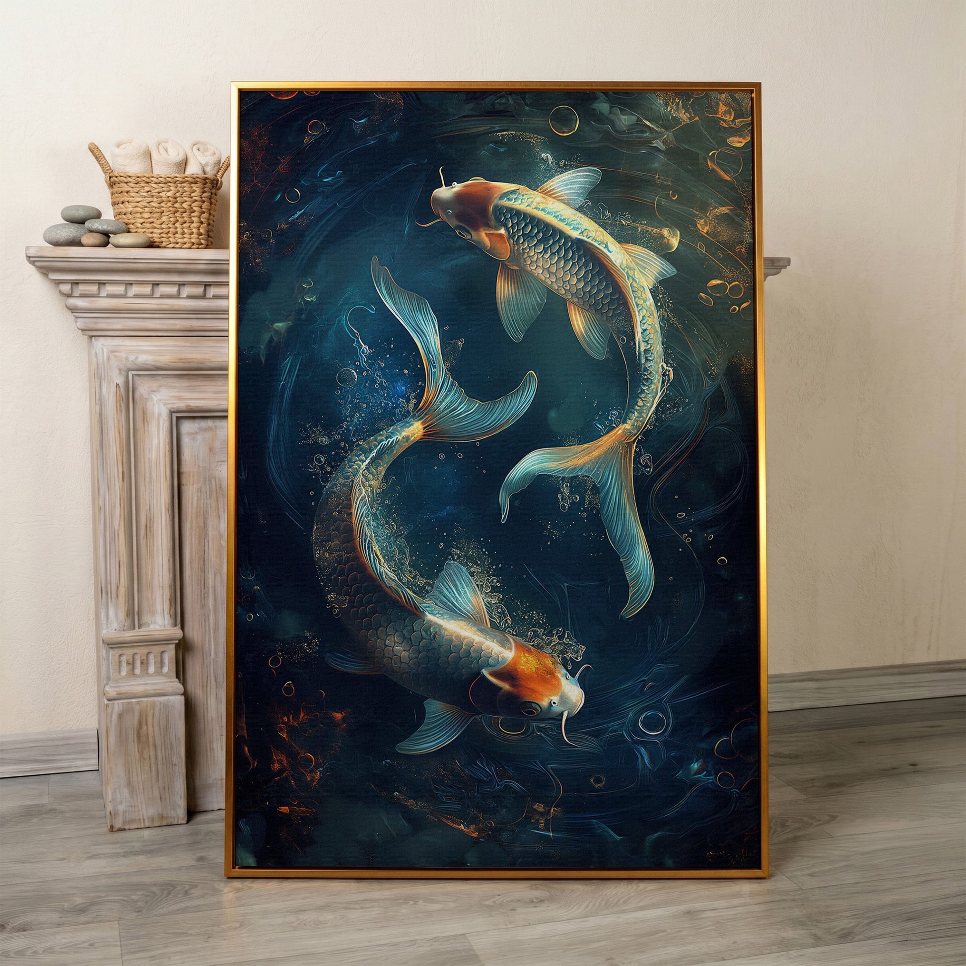 Koi Fish in Pond Canvas Print in antique gold floating frame