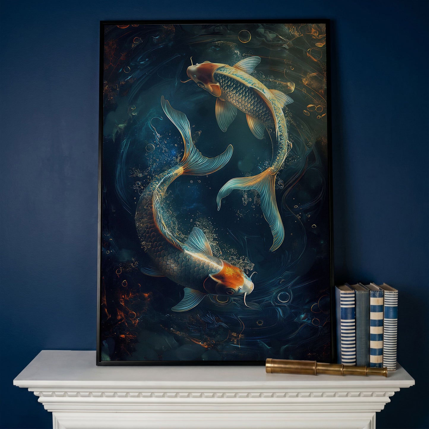 Koi Fish in Pond Canvas Print in black floating frame