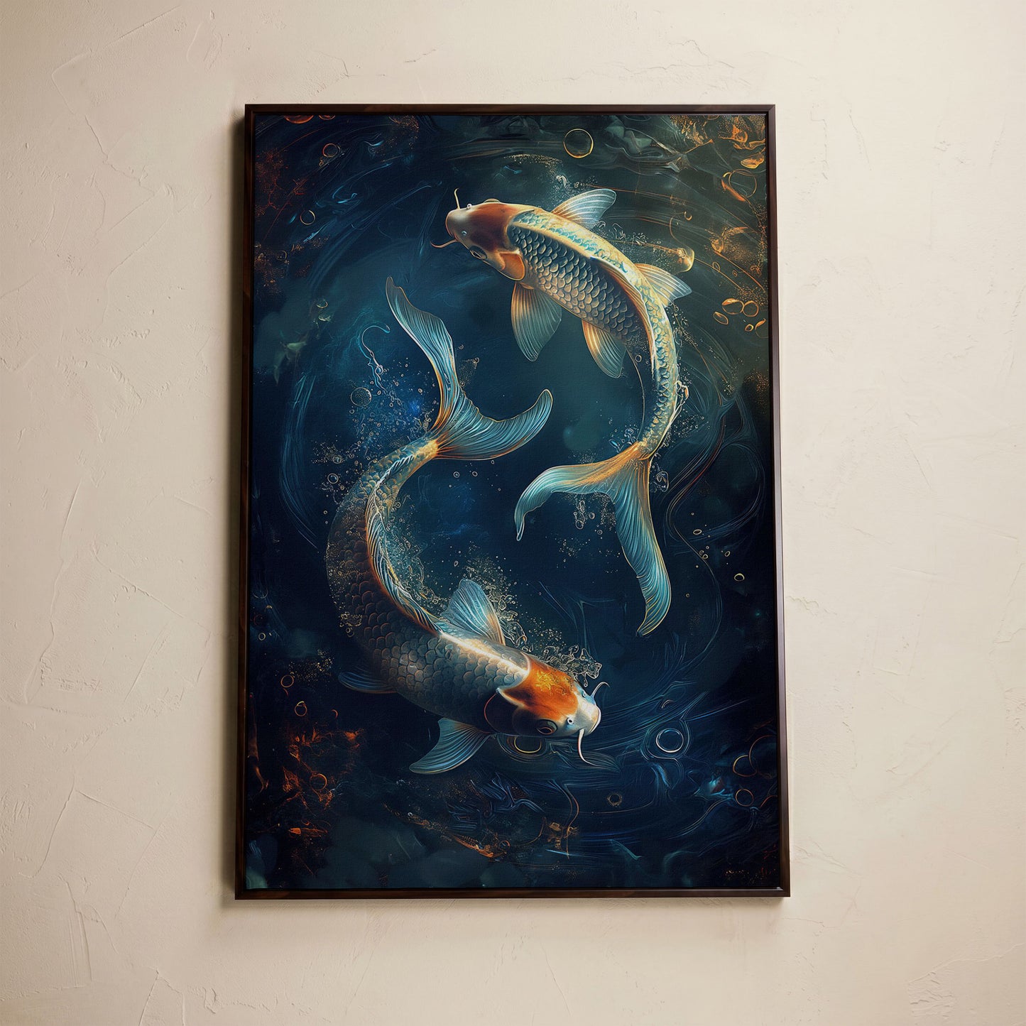 Koi Fish in Pond Canvas Print in dark walnut floating frame