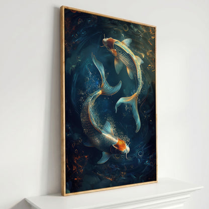 Koi Fish in Pond Canvas Print in white oak floating frame