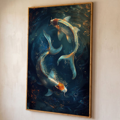 Koi Fish in Pond Canvas Print shown in white oak floating frame