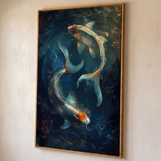 Koi Fish in Pond Canvas Print shown in white oak floating frame