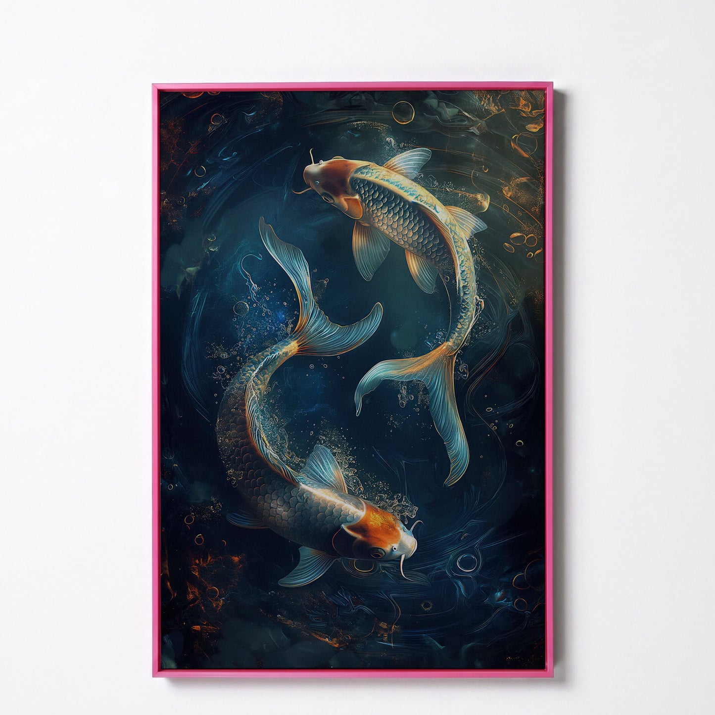 Koi Fish in Pond Canvas Print in pink floating frame