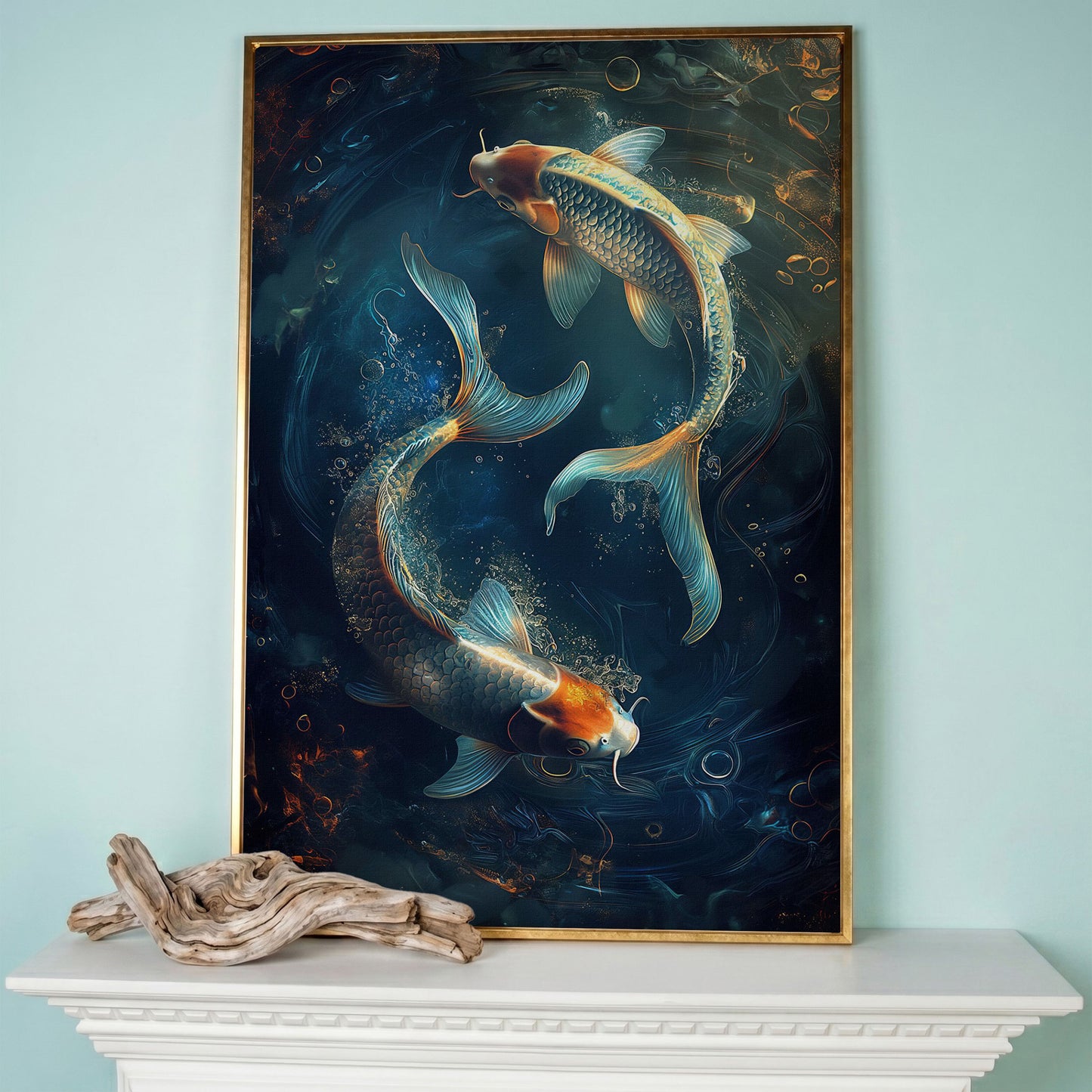 Koi Fish in Pond Canvas Print in rose gold floating frame