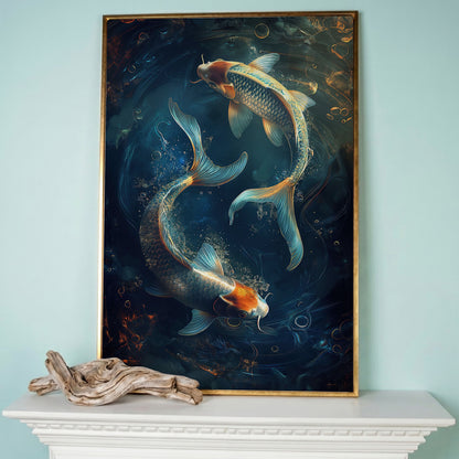 Koi Fish in Pond Canvas Print in rose gold floating frame