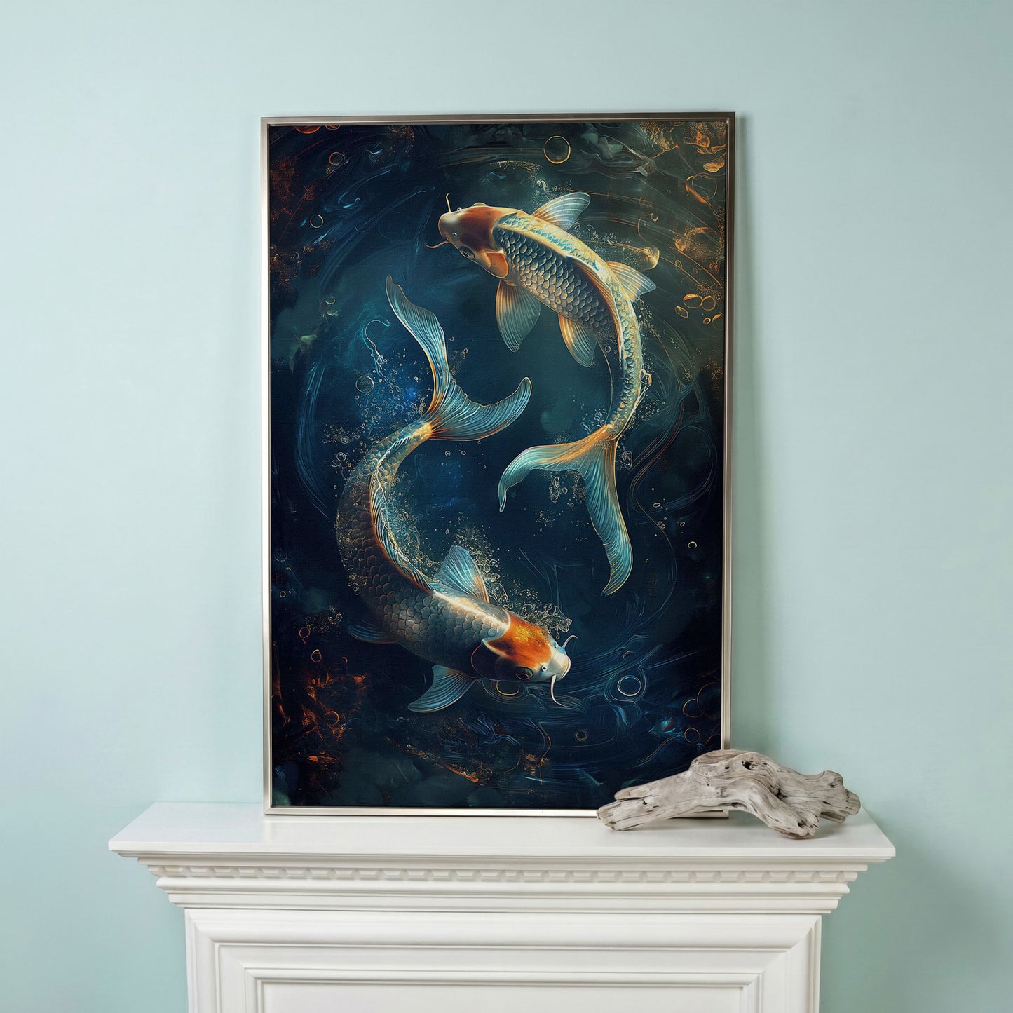 Koi Fish in Pond Canvas Print in silver floating frame