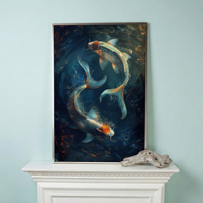 Koi Fish in Pond Canvas Print in silver floating frame
