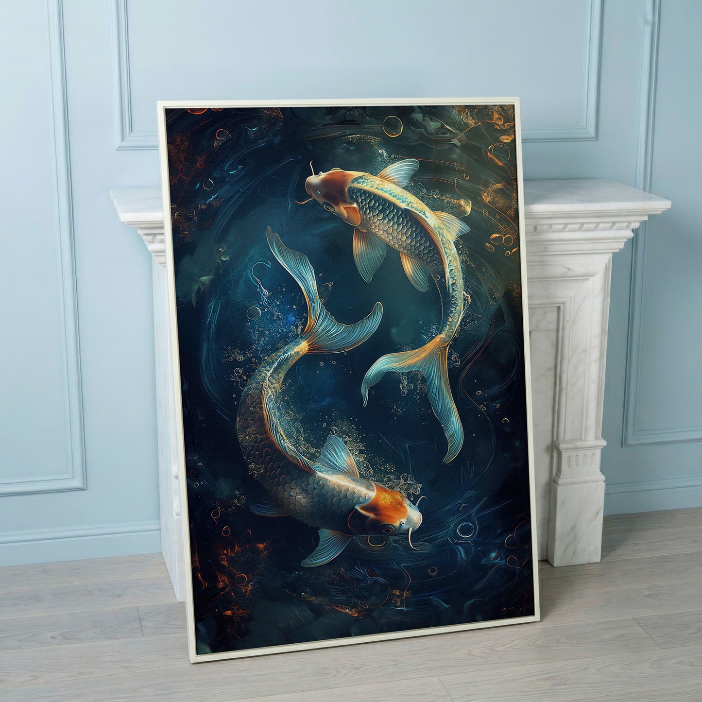 Koi Fish in Pond Canvas Print in white floating frame