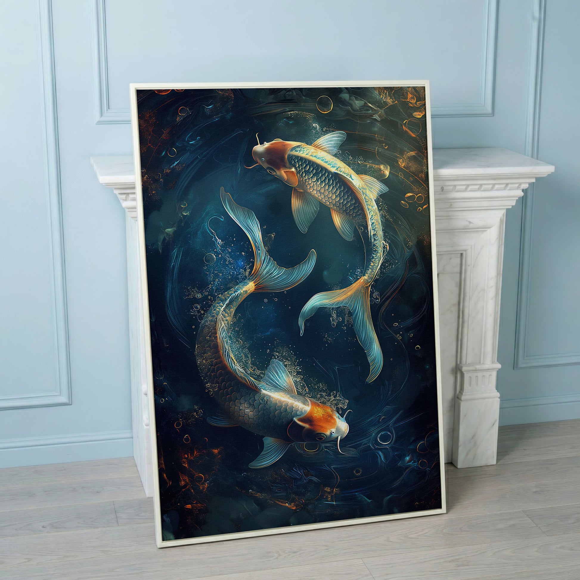 Koi Fish in Pond Canvas Print in white floating frame