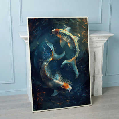 Koi Fish in Pond Canvas Print in white floating frame