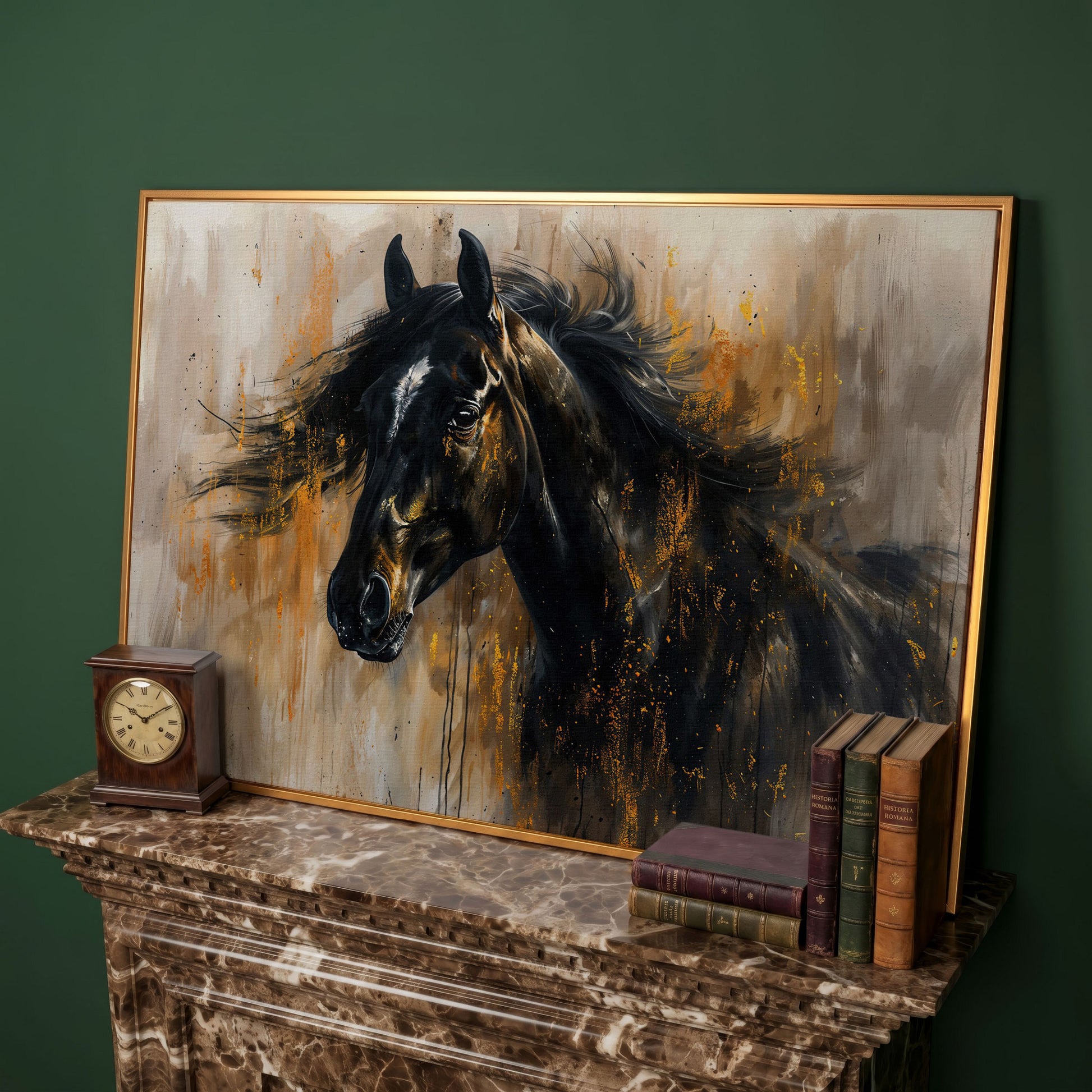 Black Stallion Profile Canvas Print with Gold Accents in antique gold floating frame