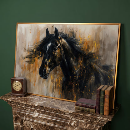 Black Stallion Profile Canvas Print with Gold Accents in antique gold floating frame