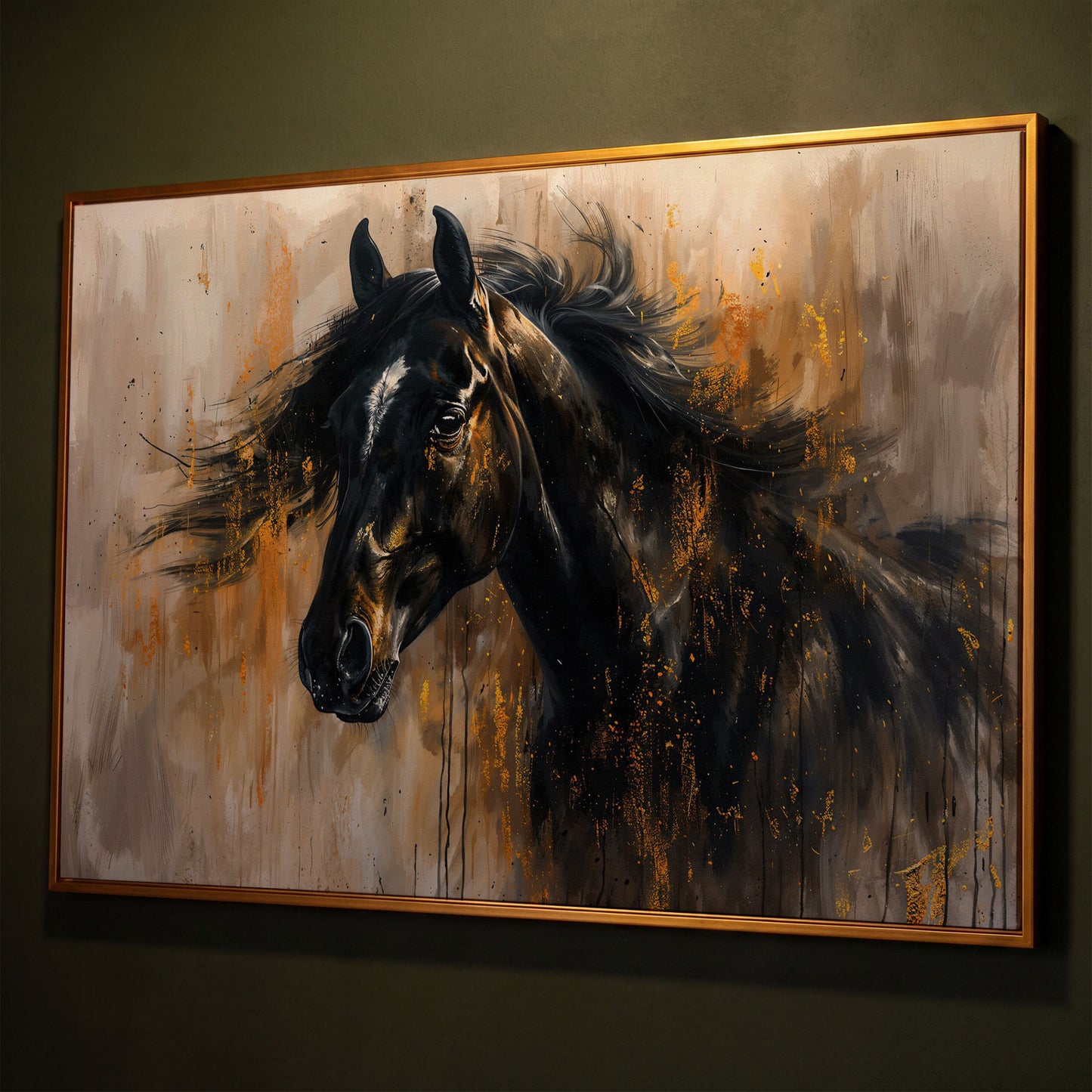 Black Stallion Profile Canvas Print with Gold Accents shown in antique gold floating frame