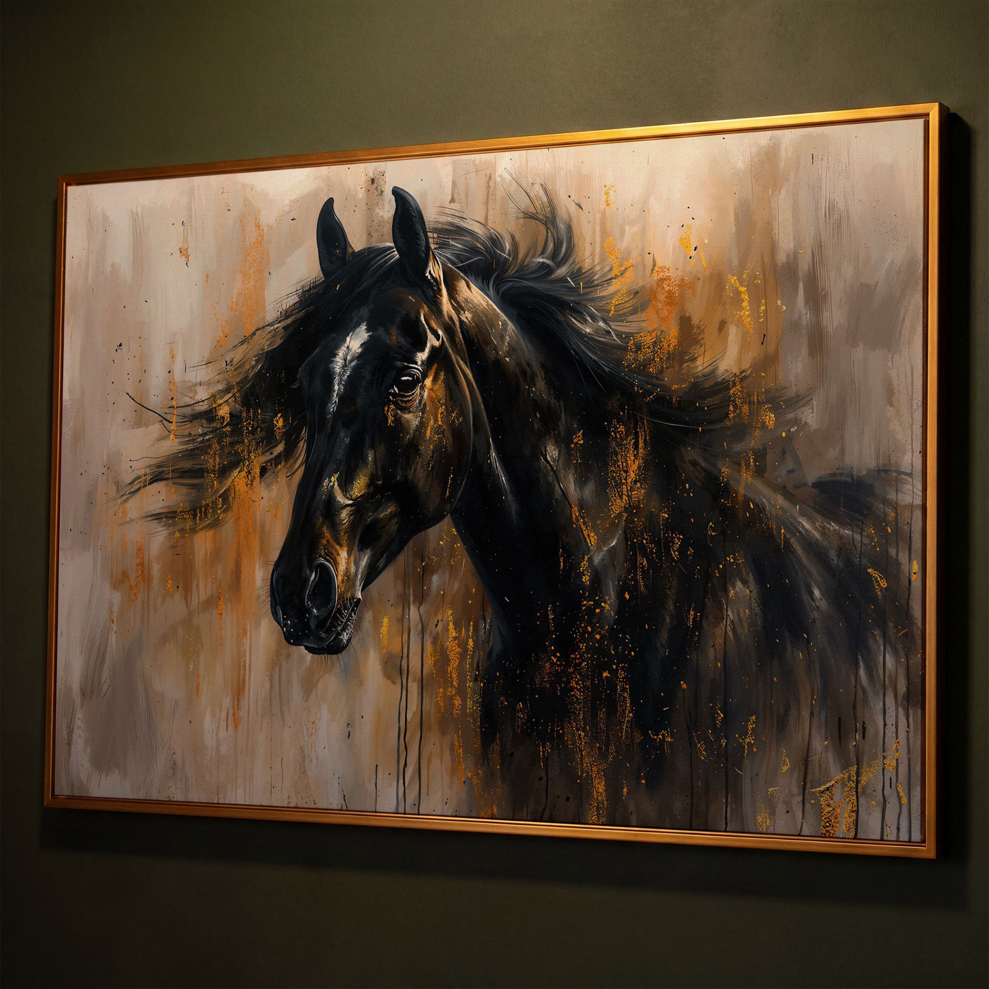 Black Stallion Profile Canvas Print with Gold Accents shown in antique gold floating frame