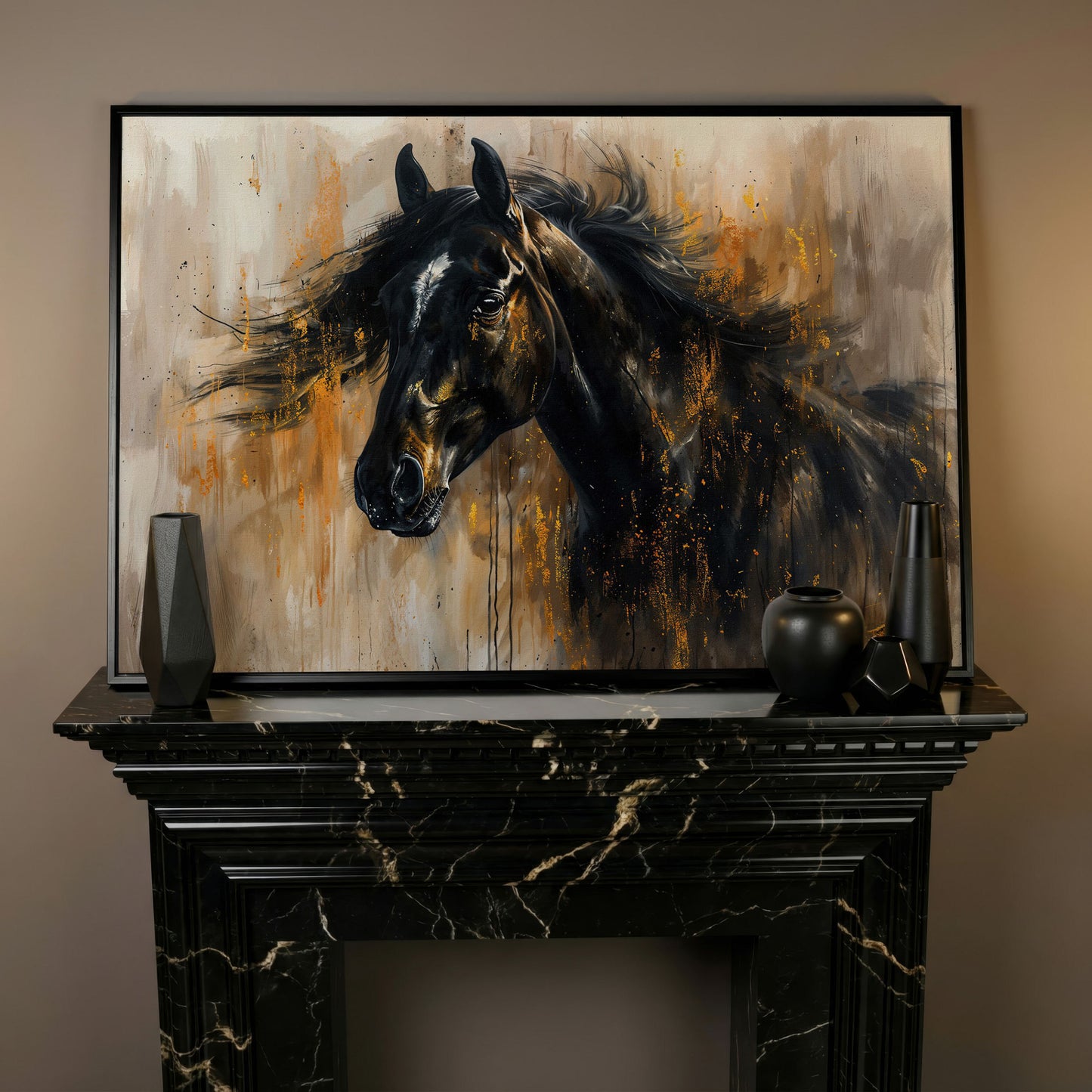 Black Stallion Profile Canvas Print with Gold Accents in black floating frame