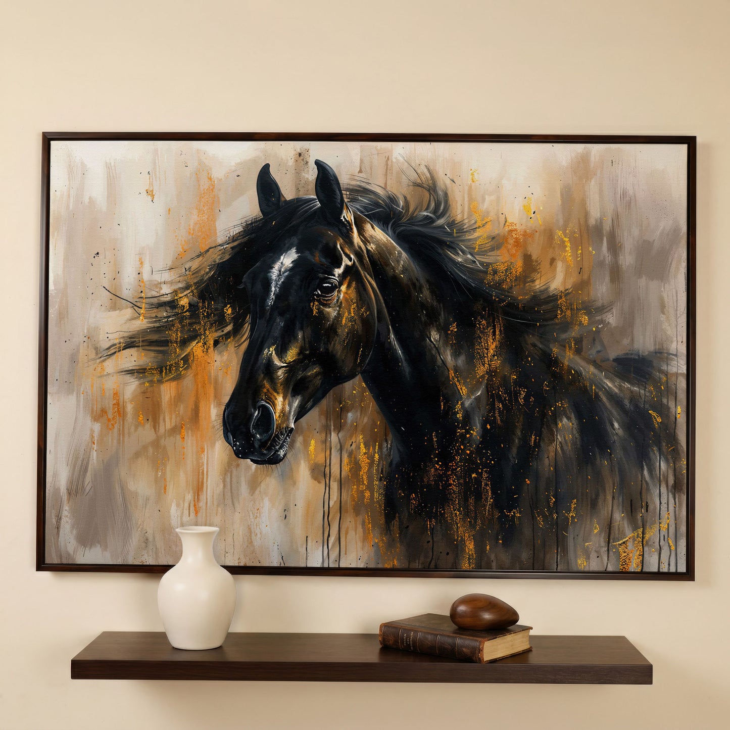 Black Stallion Profile Canvas Print with Gold Accents in dark walnut floating frame