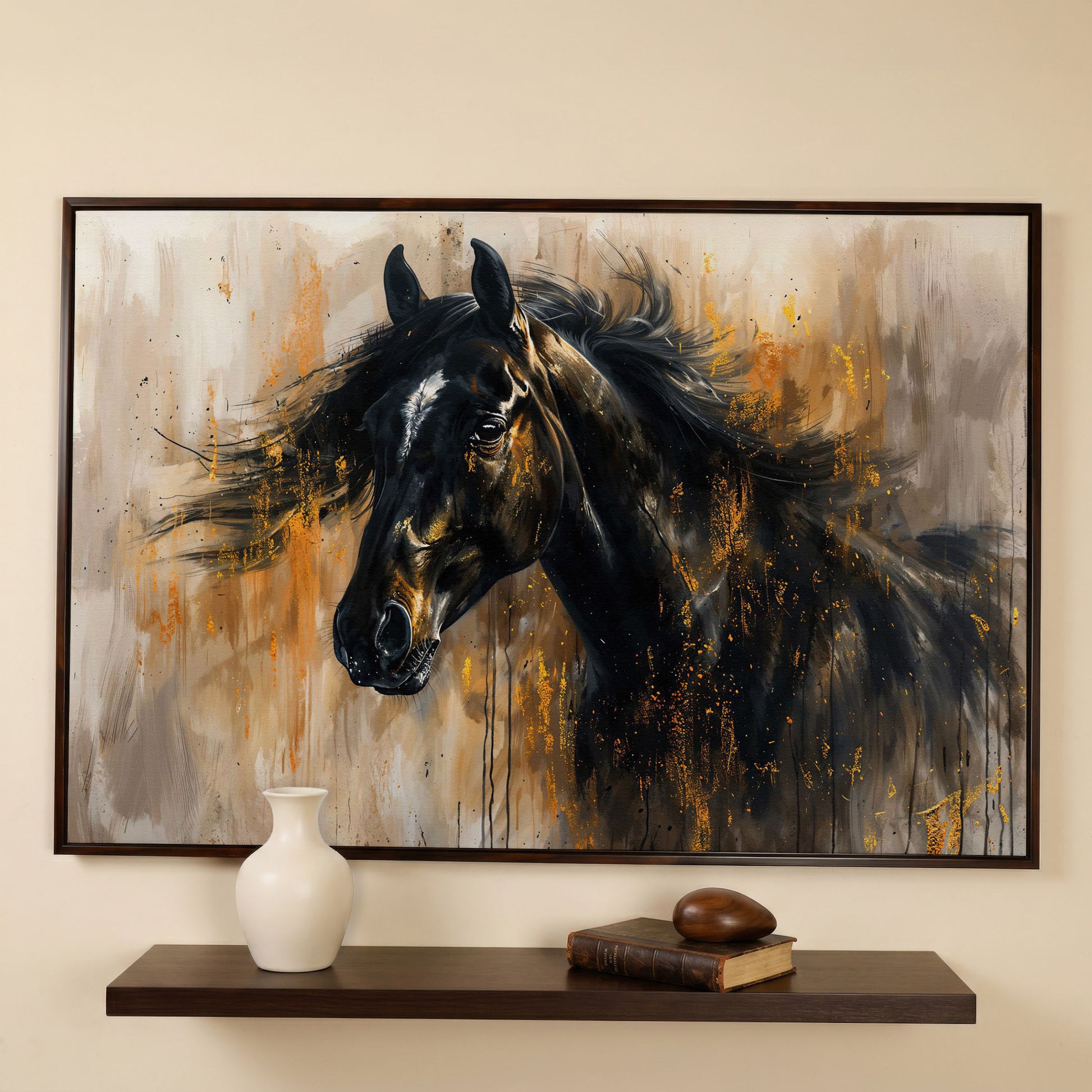 Black Stallion Profile Canvas Print with Gold Accents in dark walnut floating frame