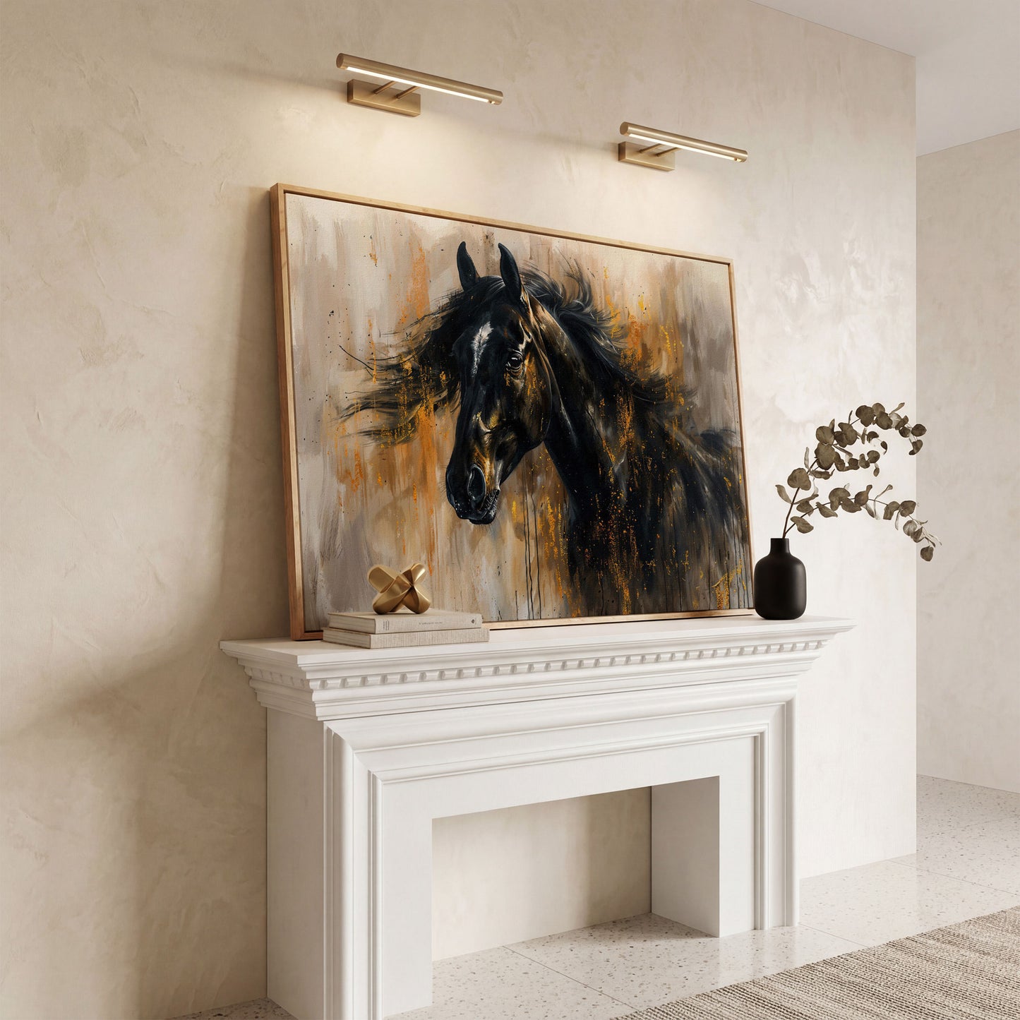 Black Stallion Profile Canvas Print with Gold Accents in white oak floating frame