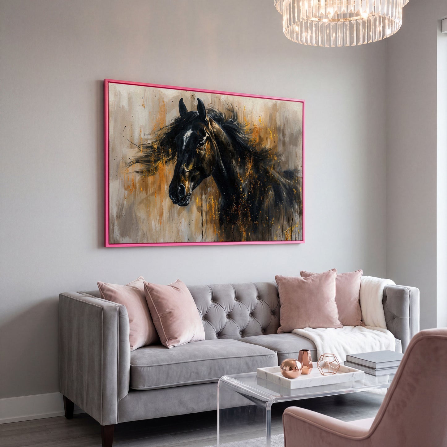 Black Stallion Profile Canvas Print with Gold Accents in pink floating frame
