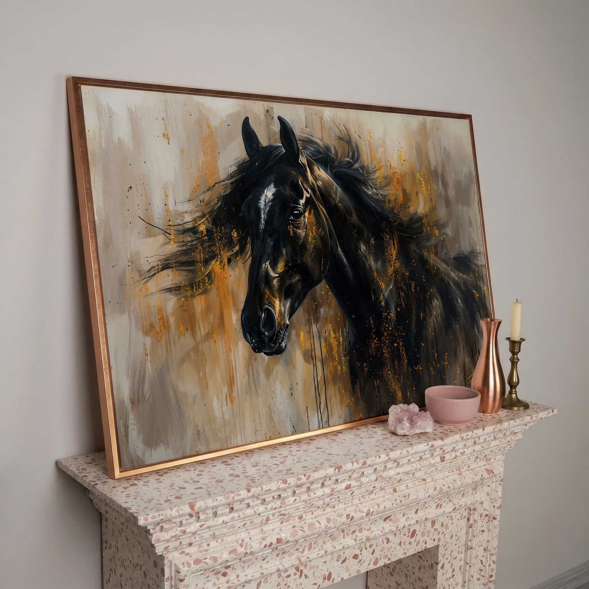 Black Stallion Profile Canvas Print with Gold Accents in rose gold floating frame