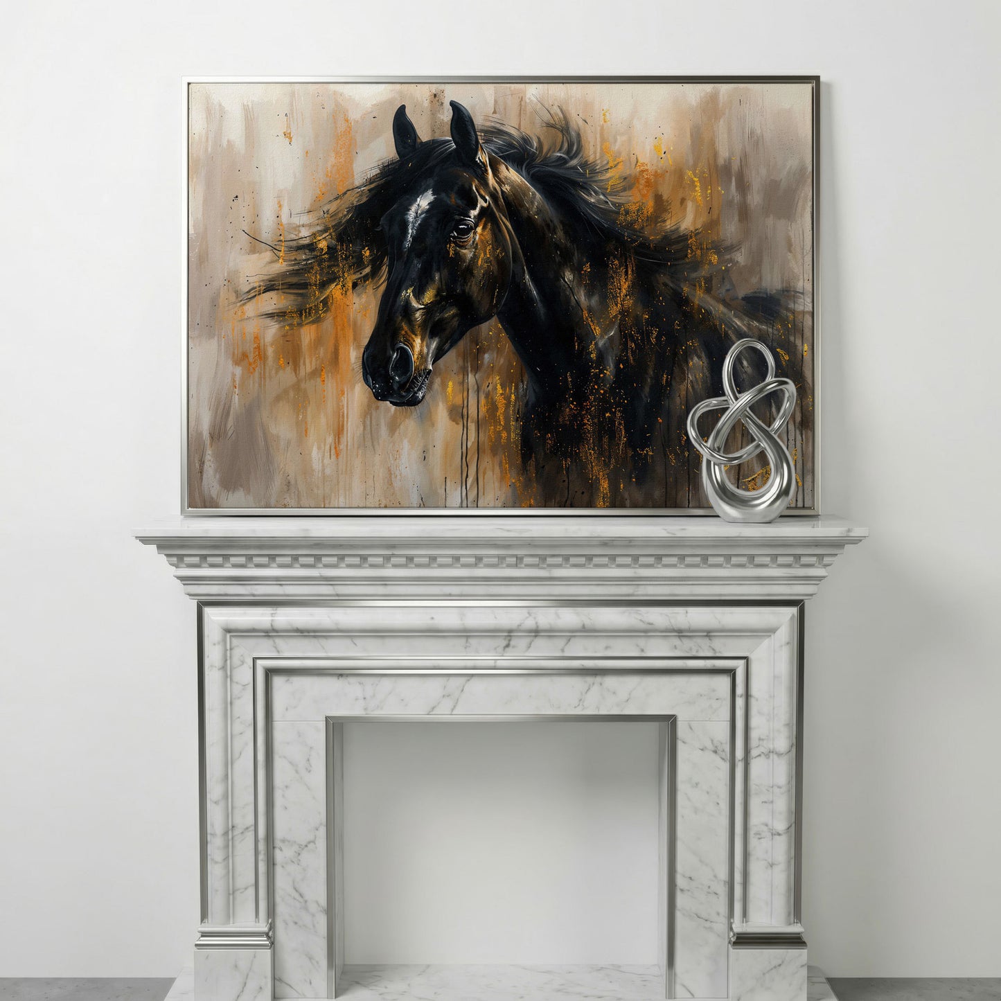 Black Stallion Profile Canvas Print with Gold Accents in silver floating frame
