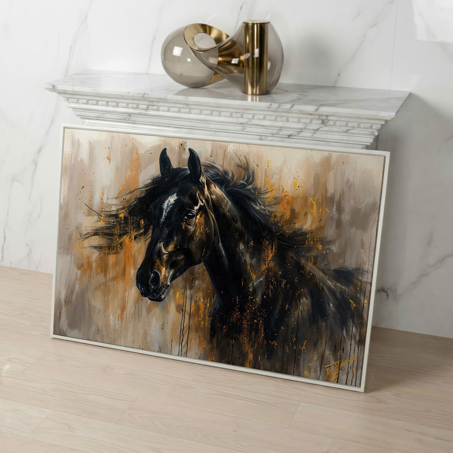Black Stallion Profile Canvas Print with Gold Accents in white floating frame