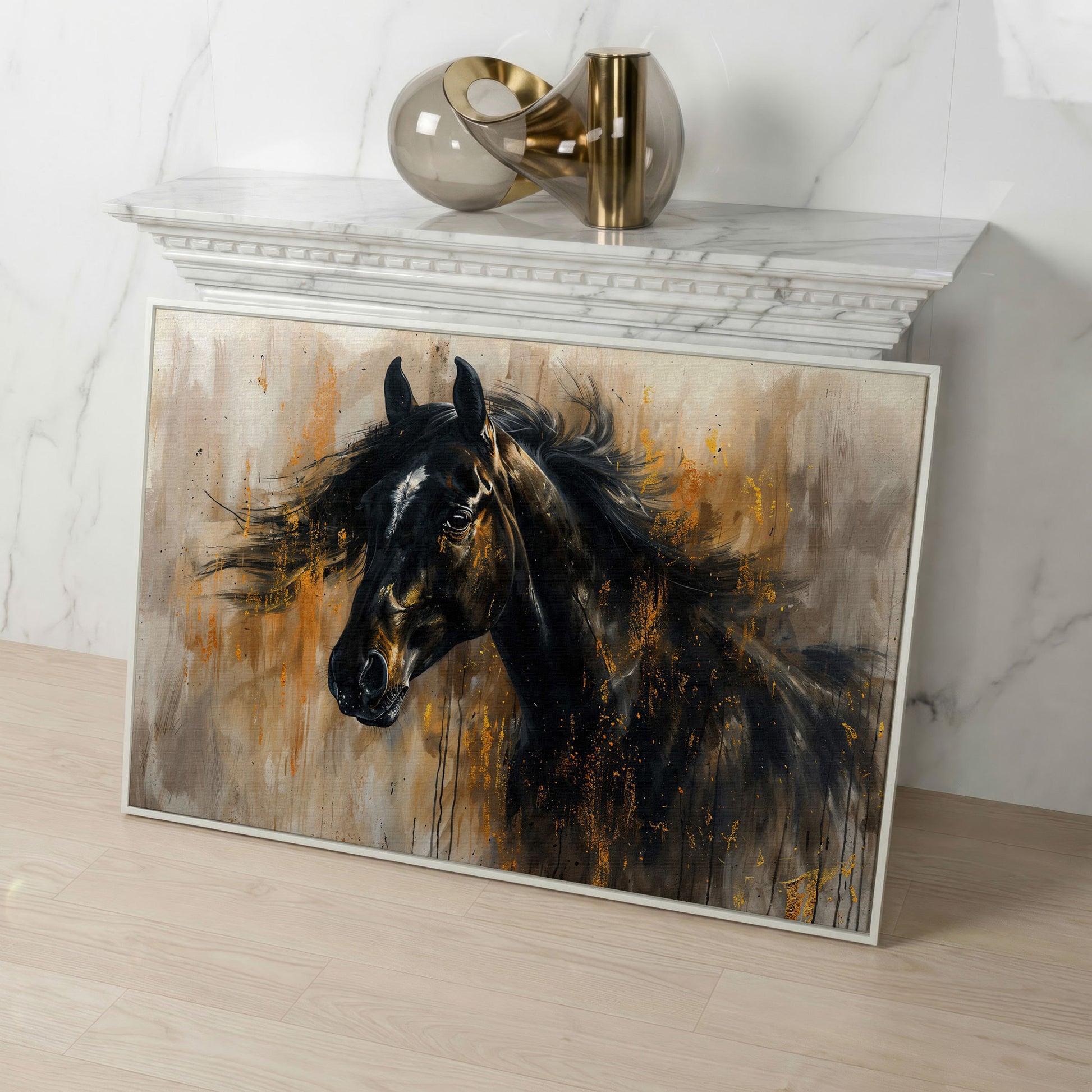 Black Stallion Profile Canvas Print with Gold Accents in white floating frame