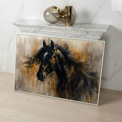 Black Stallion Profile Canvas Print with Gold Accents in white floating frame
