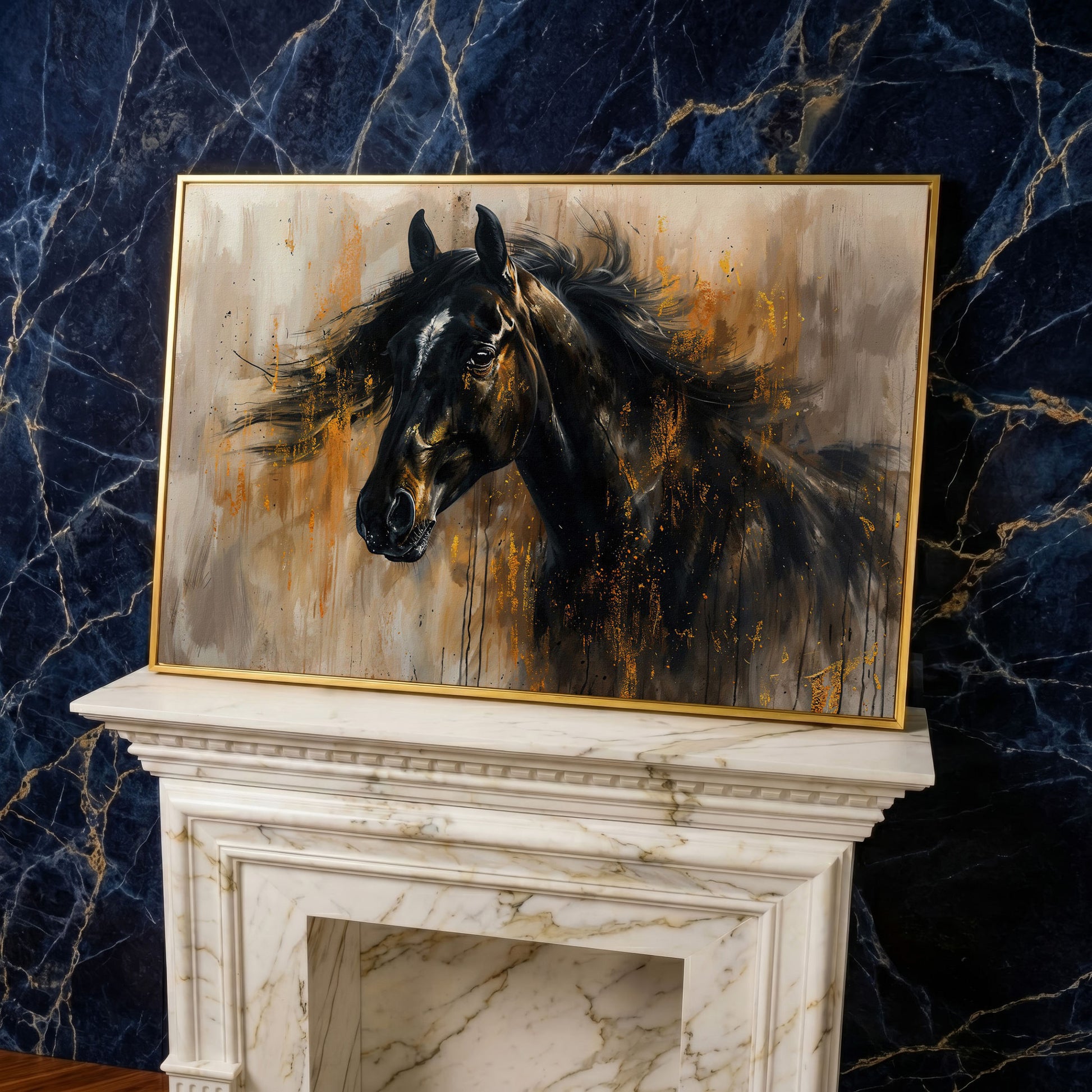 Black Stallion Profile Canvas Print with Gold Accents in yellow gold floating frame
