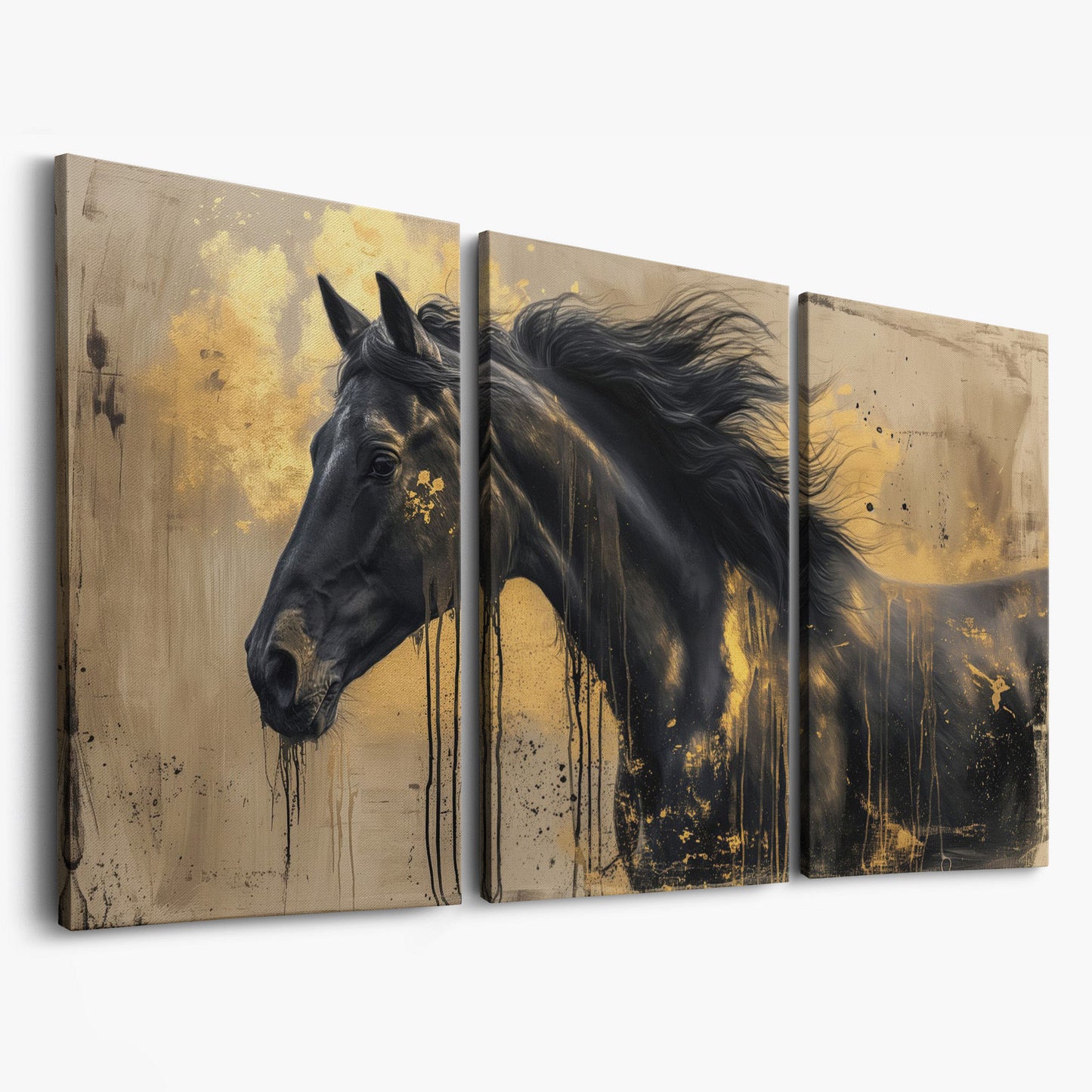 Black Gold Horse Canvas Wall Art as 3-panel split version
