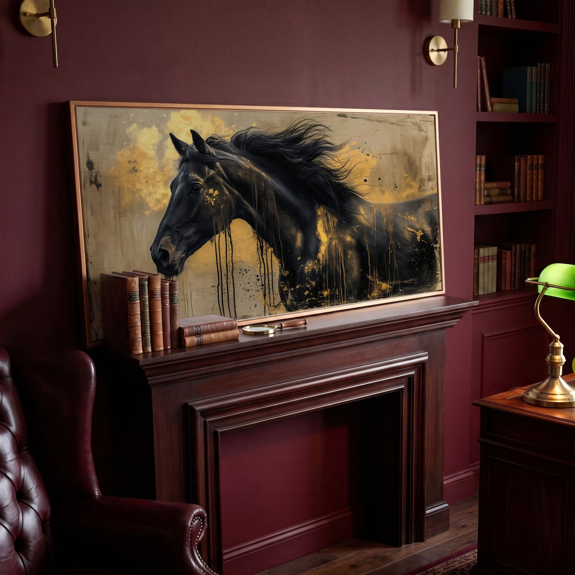 Black Gold Horse Canvas Wall Art in antique gold floating frame