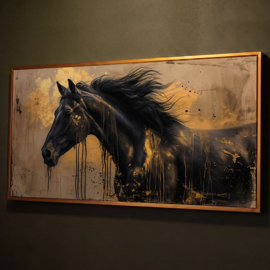 Black Gold Horse Canvas Wall Art shown in antique gold floating frame