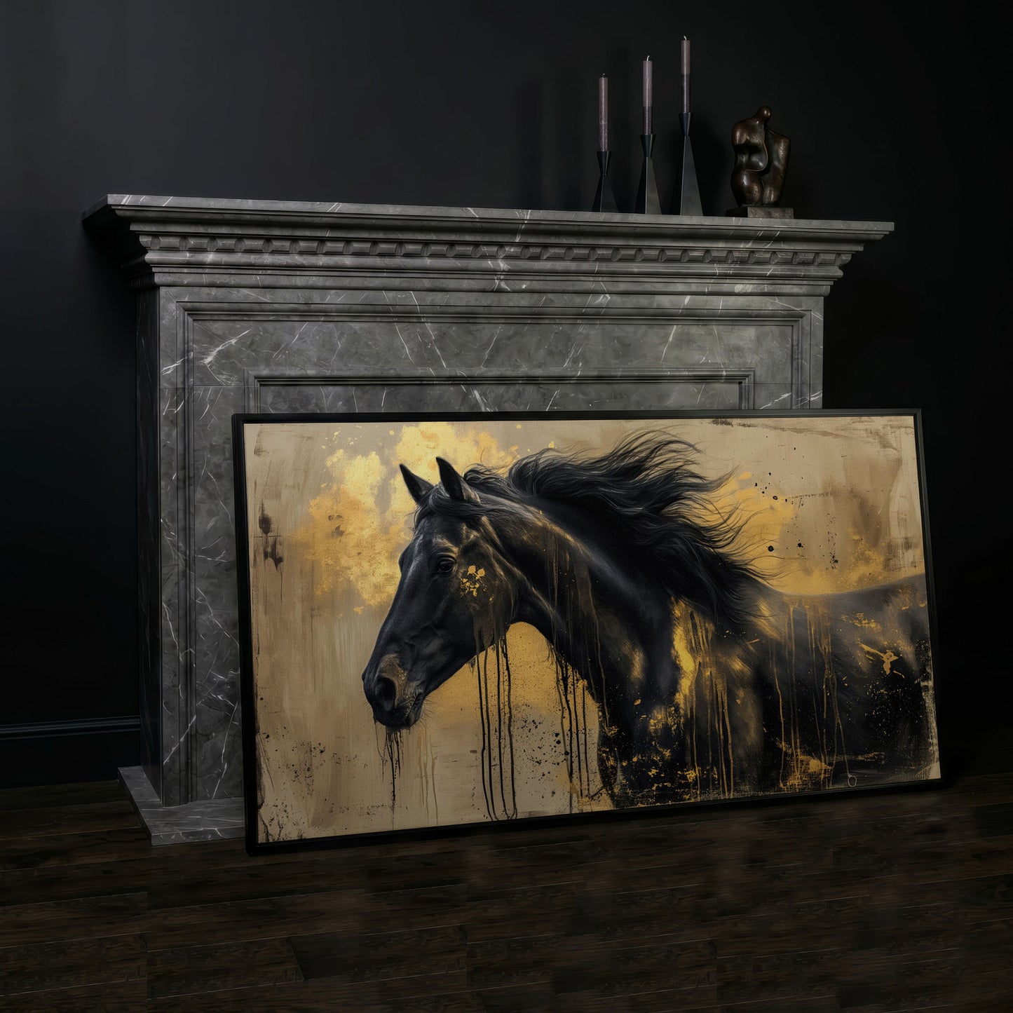 Black Gold Horse Canvas Wall Art in black floating frame
