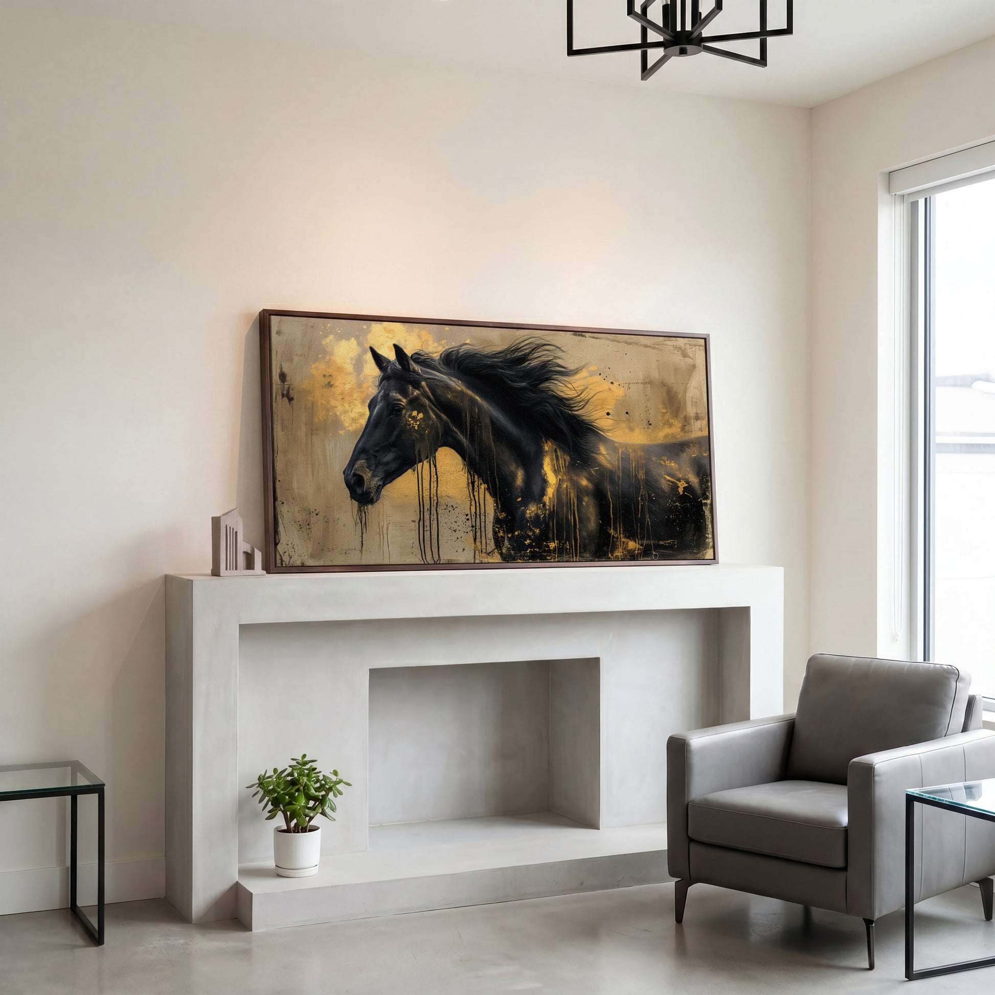 Black Gold Horse Canvas Wall Art in dark walnut floating frame