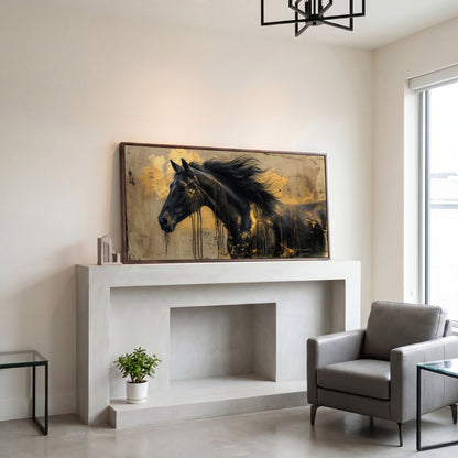 Black Gold Horse Canvas Wall Art in dark walnut floating frame