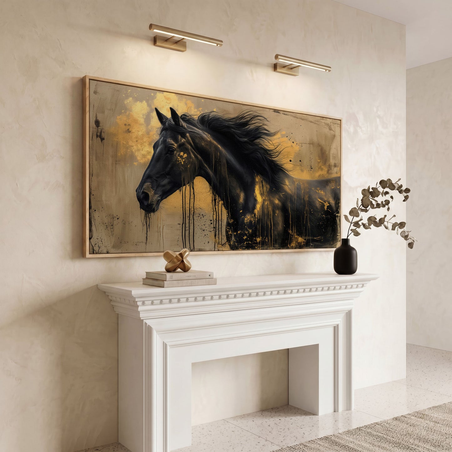 Black Gold Horse Canvas Wall Art in white oak floating frame