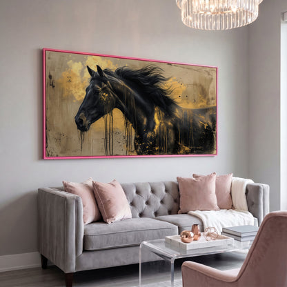 Black Gold Horse Canvas Wall Art in pink floating frame