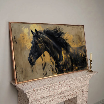 Black Gold Horse Canvas Wall Art in rose gold floating frame
