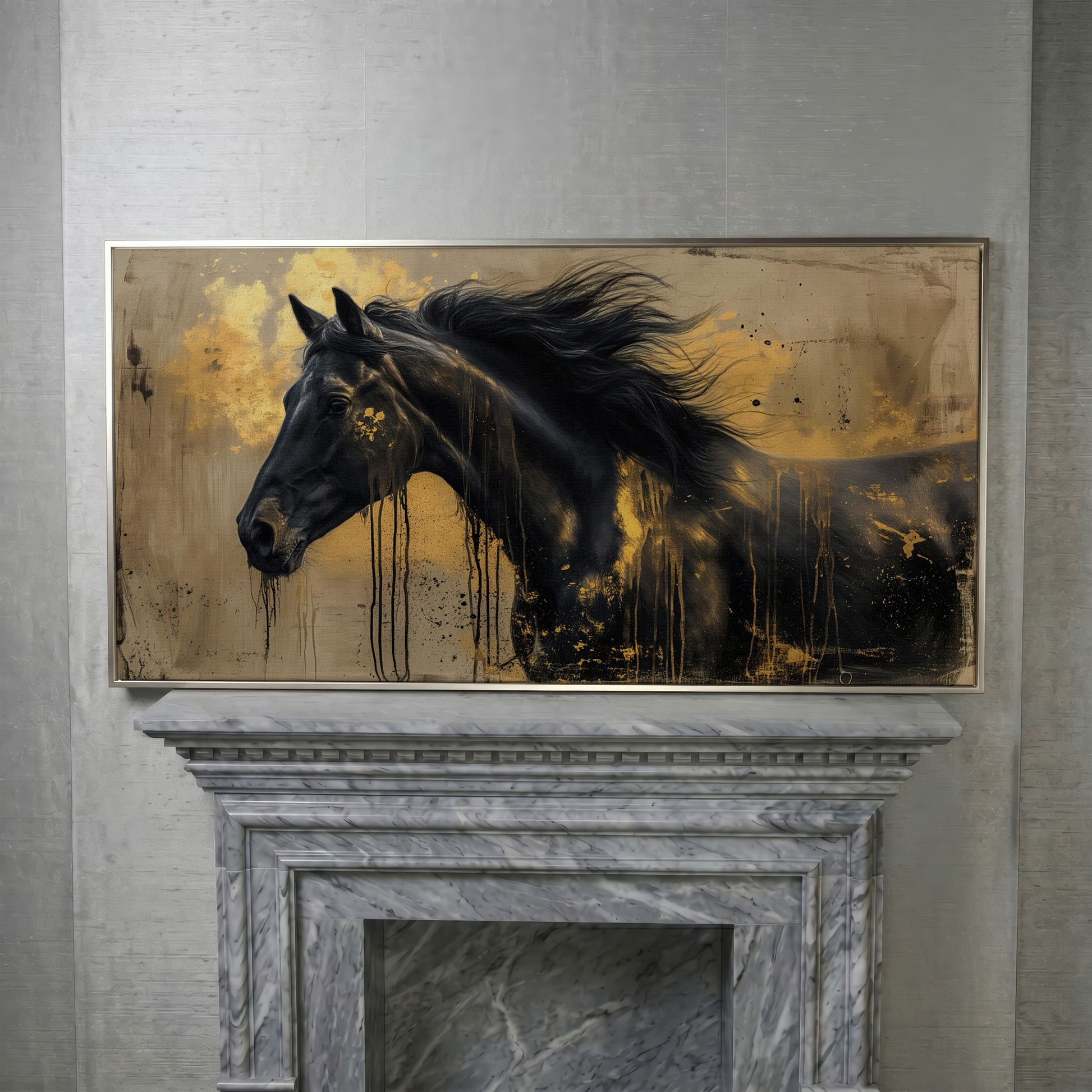 Black Gold Horse Canvas Wall Art in silver floating frame