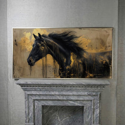 Black Gold Horse Canvas Wall Art in silver floating frame