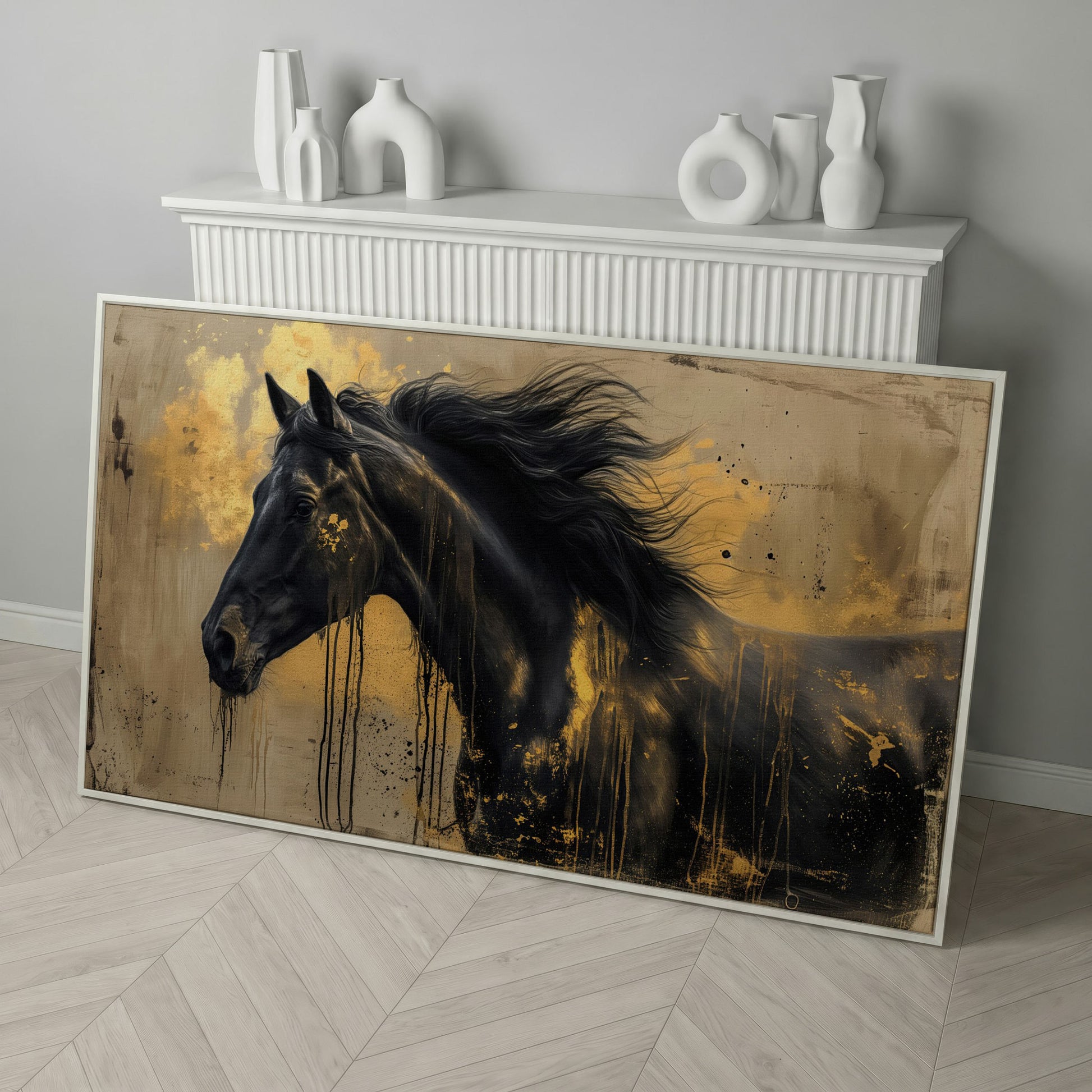 Black Gold Horse Canvas Wall Art in white floating frame
