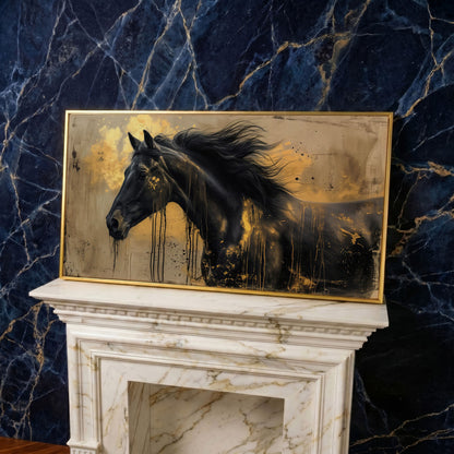 Black Gold Horse Canvas Wall Art in yellow gold floating frame