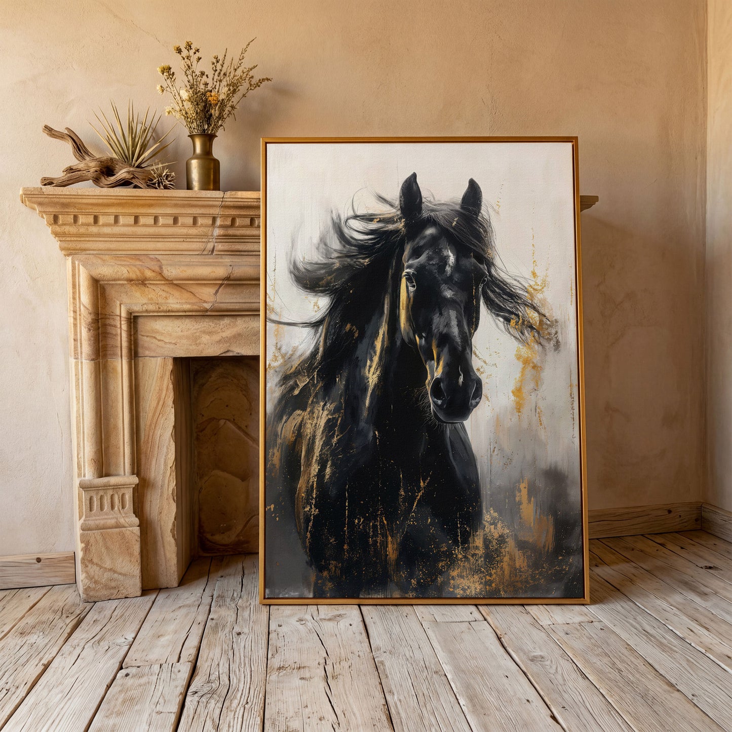 Noble Stallion Abstract Canvas Print for Farmhouse Decor in antique gold floating frame